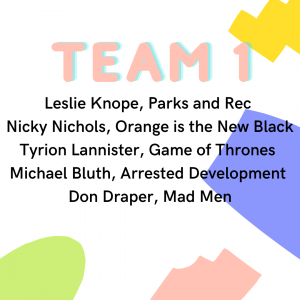 Quaranteam 1: Leslie Knope Parks and Recreation, Nicky Nichols Orange is the New Black, Tyrion Lannister Game of Thrones, Michael Bluth Arrested Development, Don Draper Mad Men
