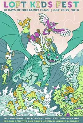Loft Kids Fest poster featuring dragons and sea sea creatures having fun