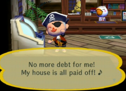 No more debt for me! My house is all paid off! Exclaims a pirate character.