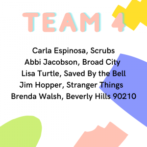 Quaranteam 4: Carla Espinosa Scrubs, Abbi Jacobson Broad City, Lisa Turtle Saved By the Bell, Jim Hopper Stranger Things, Brenda Walsh Beverly Hills 90210