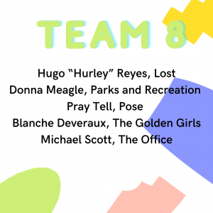 quaranteam member list 8: Hugo "Hurley Reyes Lost, Donna Meagle Parks and Recreation, Pray Tell Pose, Blanche Deveraux The Golden Girls Michael Scott The Office