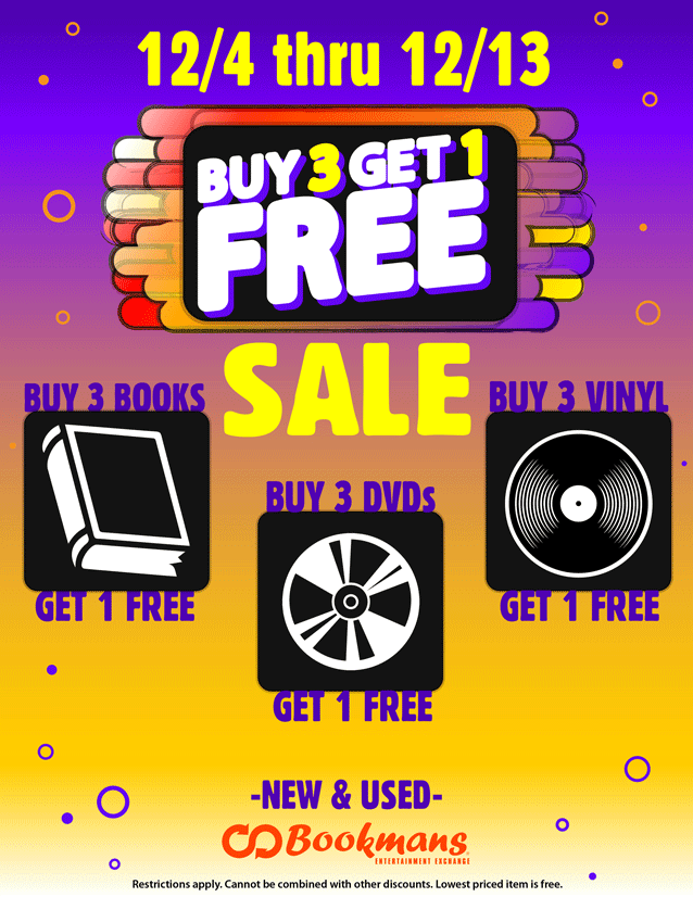 buy-three-get-one-free sale flyer on all books, dvds, and vinyl records december 4th through december 13