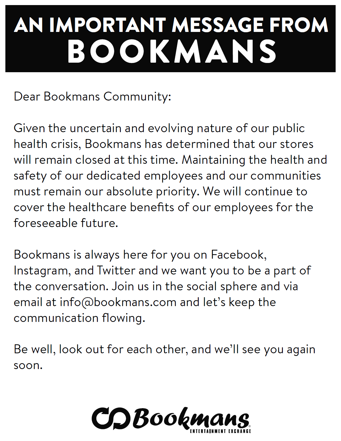 bookmans update on closure march 27 2020