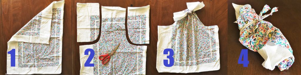 Photo instructions to turn an old pillowcase into a no sewing reusable shopping bag for Earth Day crafts