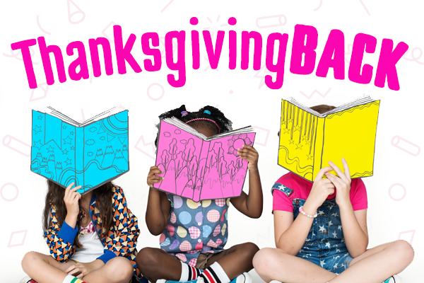 Thanksgivingback text above three kids sitting cross-legged with illustrated books in front of their faces