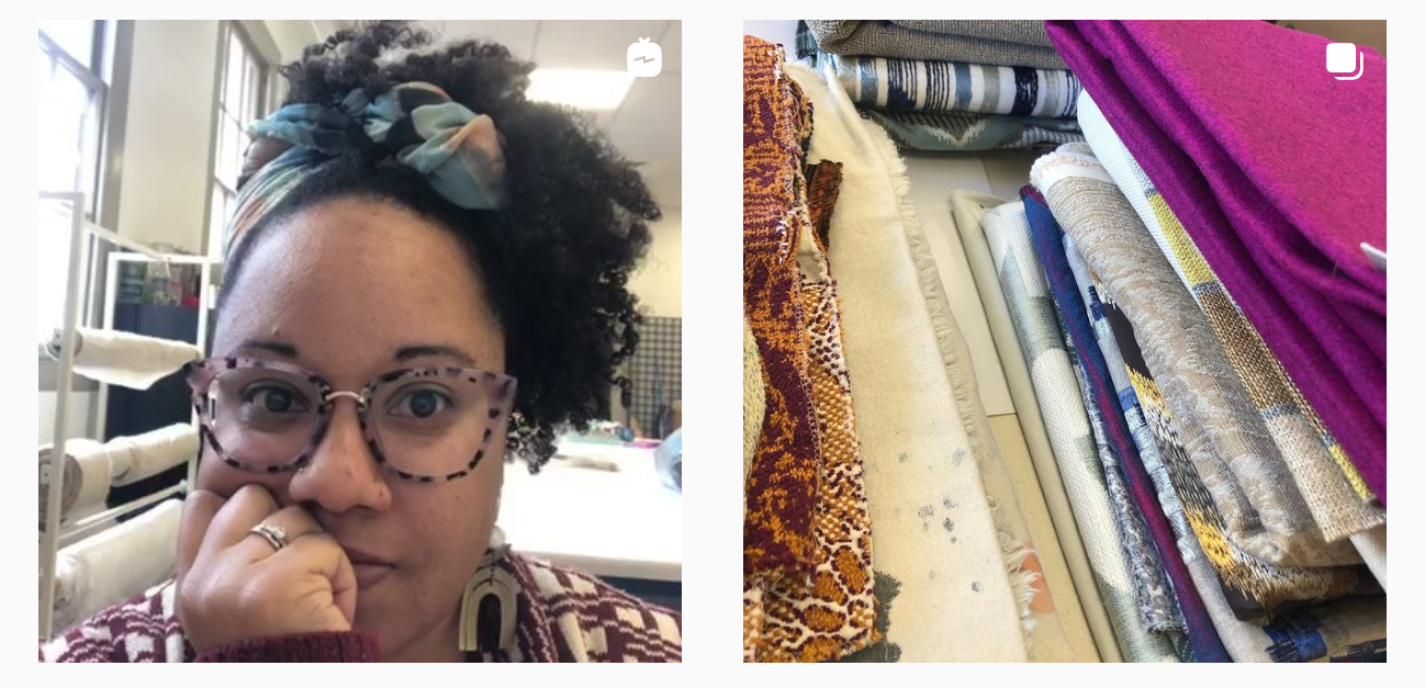 artist adia looking at the camera alongside multiple stacs of fabrics for jamille textiles