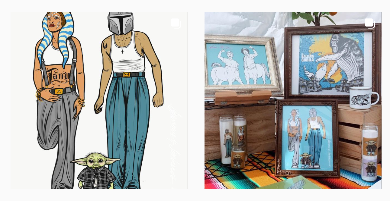 sparrows and sombreros art featuring ahsoka tano, grogu, and a display of printed artwork including candles and framed pictures featured artists