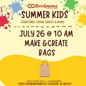 Summer Kids text above event info and paper bag graphic in center. Yellow background