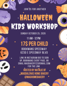 Kids Halloween workshop on blue background with a Halloween cookie border.