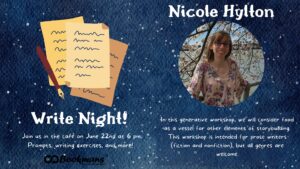 Night sky background with pen and papers on left side with picture of nicole hylton on right side with description of event below.