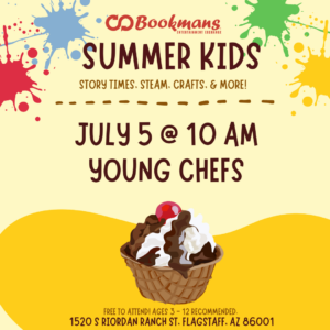 Yellow Background of Summer Kids wording above. Paint splatters in corner. Event Info and an ice cream bowl in the center