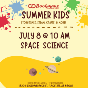 Yellow background, summer kids text above event info with planets in the center of the photo