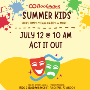 Summer Kids text above event info and a pair of acting masks in the center