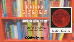 Blurred background of bookmans shelves and text about event in middle saying book signing with picture of book in a polaroid frame