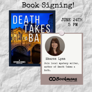 Crumpled paper background with picture of book "death takes a bath" and author photo of Sharon Lynn with time and date description of june 24th at 5 PM