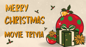 Picture says Merry Christmas Trivia with presents and ornaments with decorative mistletoe.