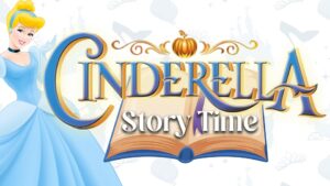 White background with gray silhouettes of shoes, Blonde princess in a blue dress in left foreground. "Cinderella" in blue lettering, "story time" in white lettering in middle foreground on an open book.
