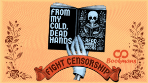 Fight censorship banner with a hand holding a book with text that says from my cold dead hands read banned books