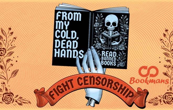 Fight censorship banner with a hand holding a book with text that says from my cold dead hands read banned books