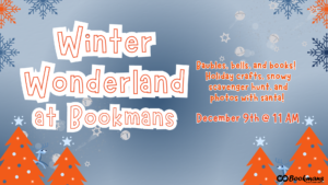 Blue background, orange christmas trees with deers hiding with text that says Winter Wonderland at Bookmans
