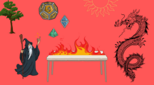 Banner for Dnd 101 summer kids event. light red backround color. With a wizard , rpg dice, dragon, sun, and table with fire on it.