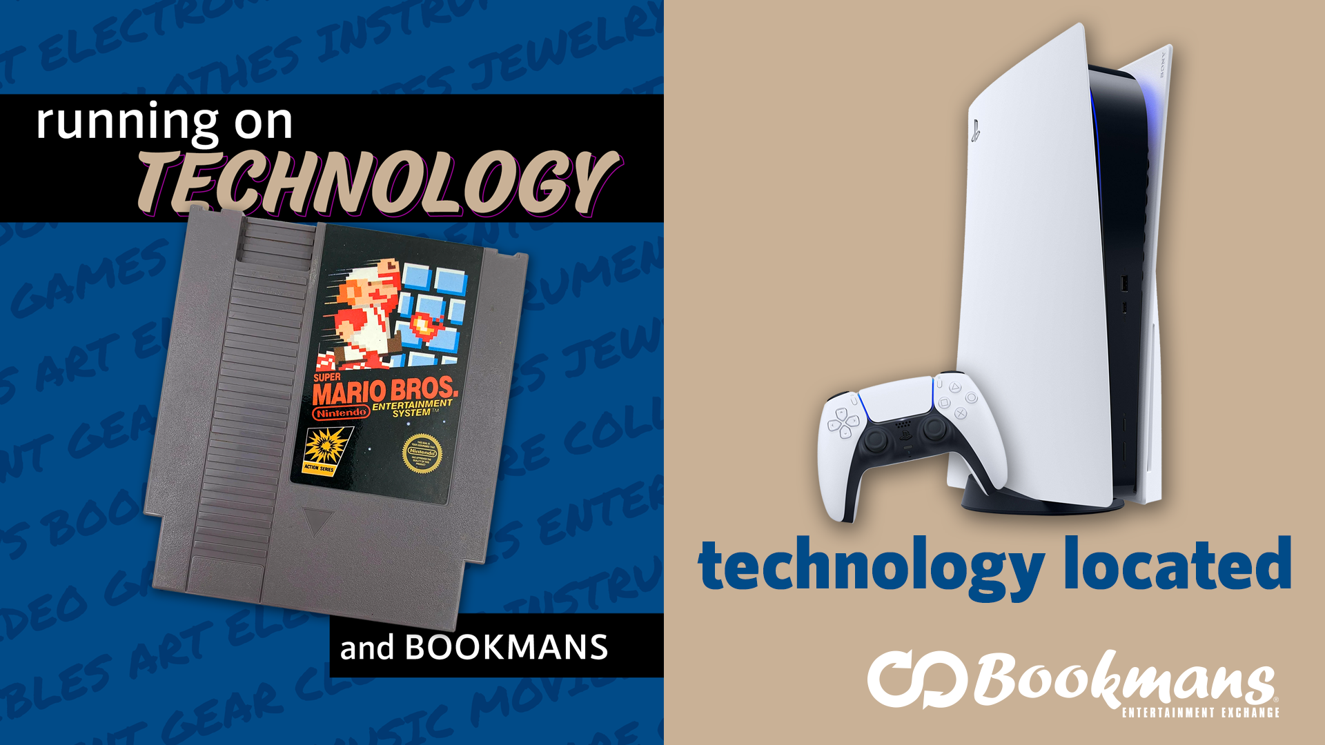 blue background on the left with nintendo cartridge Super Mario Game and the words running on technology. On the right against a tan background is a PS5 gaming console and a controller and it reads technology located.