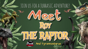Green Background with foliage and dinosaurs imposed over with yellow and orange lettering.