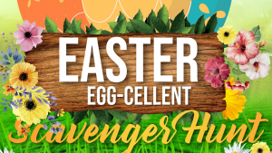 Grass background with a giant easter basket, flowers, and lettering imposed over.