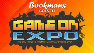Orange background. different game pieces in black silhouette grouped together toward middle. "Bookmans goes to" in white lettering, top foreground. "Game on expo" in foreground of shadows