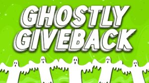 slime green background. shite ghost trim at bottom foreground, white font in upper foreground