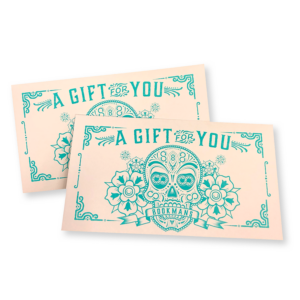 Bookmans gift certificate image of two cream envelopes with a teal blue sugar skull logo on the front that reads "a gift for you"