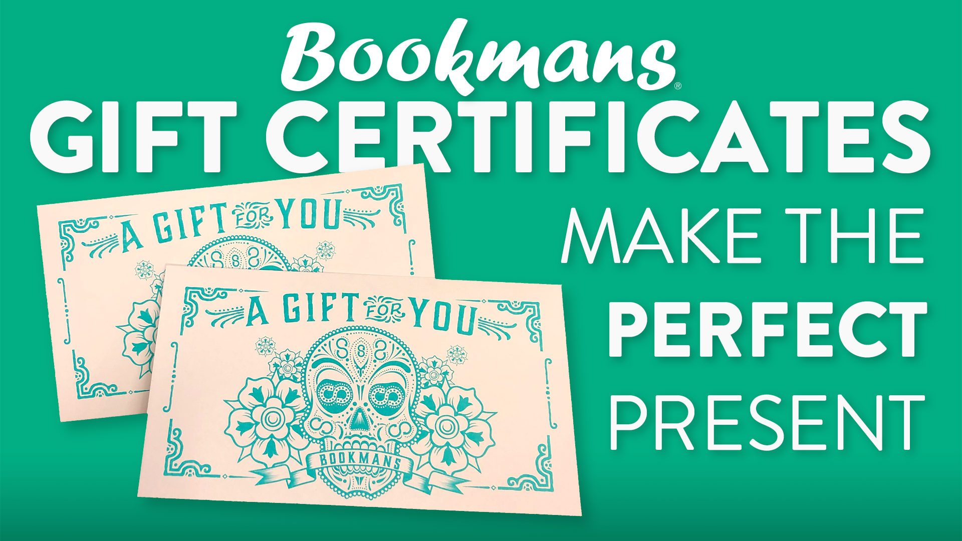 Bookmans gift certificates make the perfect gift text with bookmans gift card envelopes on a green background
