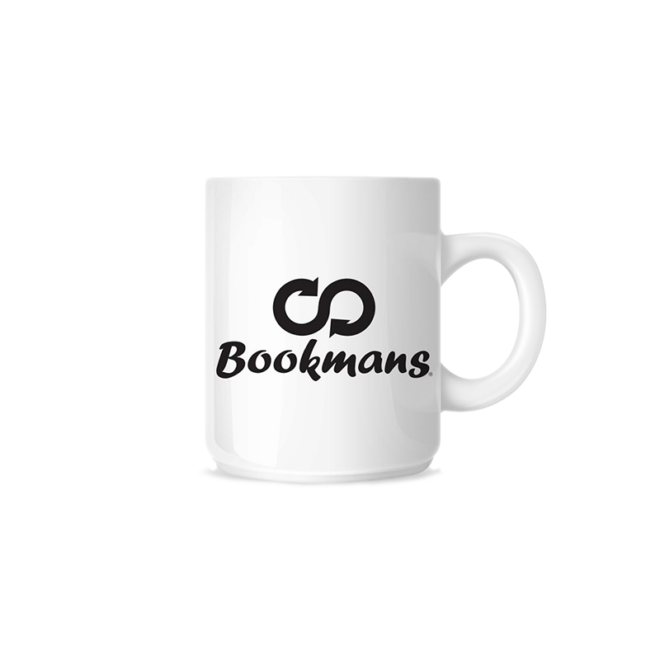 Bookmans Groucho Marx quote mug featuring a black on white image of a chihuahua dog. The quote reads "outside of a dog a book is man's best friend. Inside of a dog it's too hard to read anything." Back view features the Bookmans black logo and name.