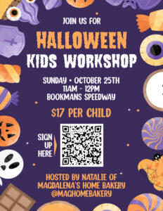 Kids Halloween workshop on blue background with a Halloween cookie border. Also includes a QR code for event signup.