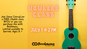 Yellow background with event information in center. Green ukulele on the right side