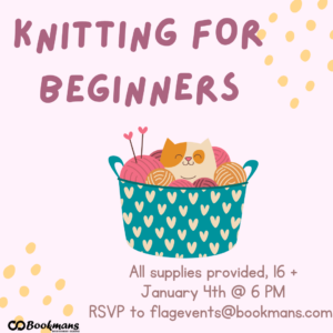 purple background, cat in a basket of yarn balls, information of event on flyer