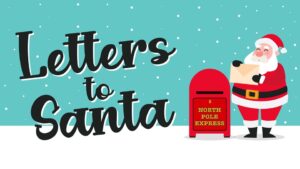 White snow on bottom, aqua sky in top 2/3 background. Letters to santa in left foreground. Santa standing by mailbox in right foreground