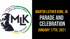 MLK Day Logo Surrounded by text with date and time info