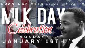 American flag background with MLK Jr image imposed over along with shadowed text