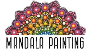White background with Mandala rainbow on top foreground, and "Mandala Painting" in black lettering on bottom foreground