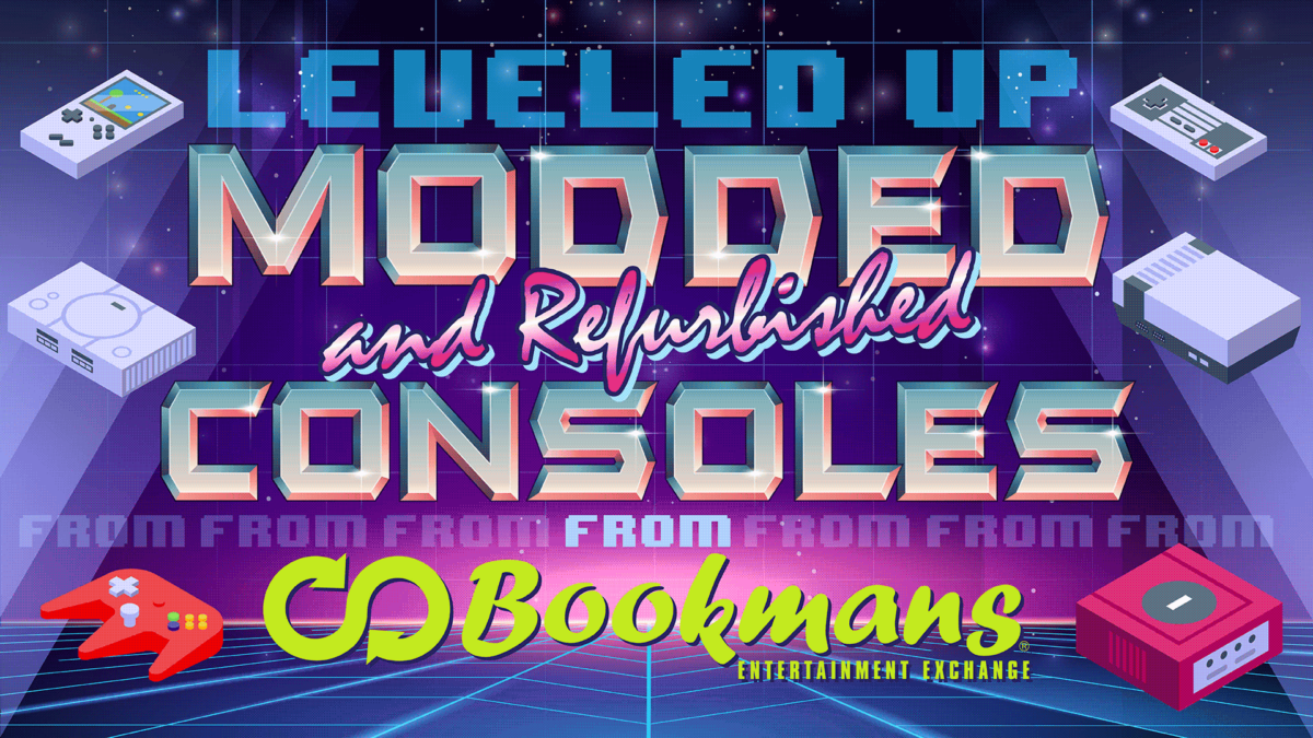 Image reads "Leveled up modded and refurbished consoles from bookmans"