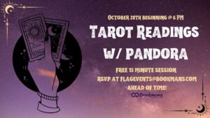 purple sky background with words tarot readings with pandora and moon decorations around the edges
