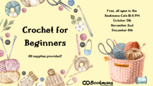 Crochet for Beginners letters with yarn, crochet hooks, knitting needle designs