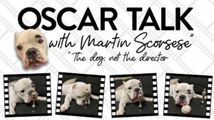 White background with images of a dog with Oscar Talk lettering imposed over