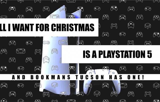 video game controllers on a black background with a foreground of a PS5 and the words All I Want for Christmas is a Playstation 5 And Bookmans Has One on the cover with a picture of a PS5 and a controller blended into the background