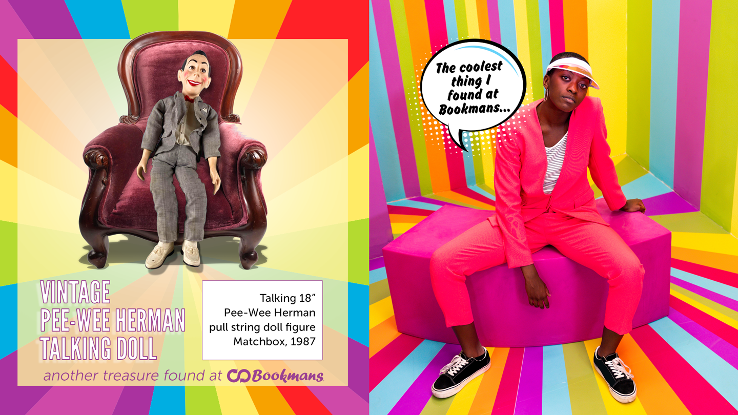 Rainbow striped background of a room featuring a woman in a bright pink suit and sneakers next to a picture of a 1987 Pee Wee Herman talking doll