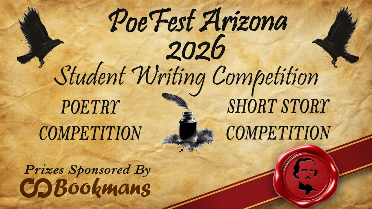 a light brown background with an illustration of crows with the words PoeFest Arizona 2026 Student Writing Competition poetry competition short story competition