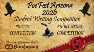 a light brown background with an illustration of crows with the words PoeFest Arizona 2026 Student Writing Competition poetry competition short story competition