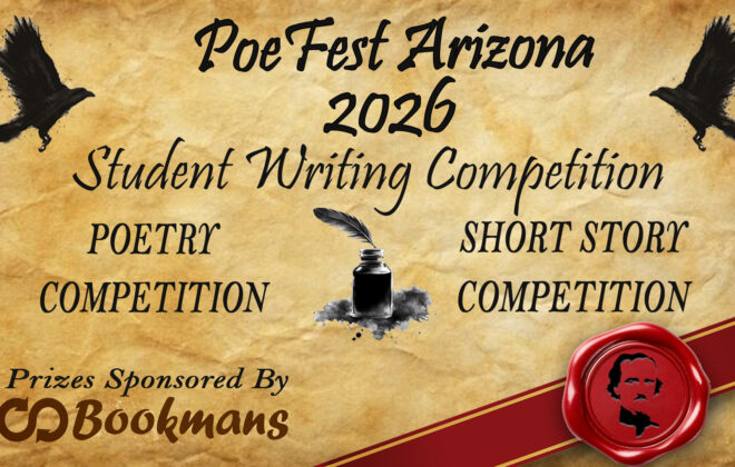 a light brown background with an illustration of crows with the words PoeFest Arizona 2026 Student Writing Competition poetry competition short story competition