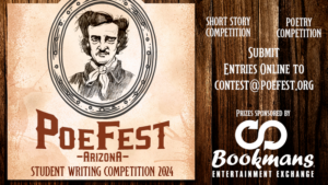 a light brown background with an illustration of edgar allan poe with the words PoeFest Arizona Student Writing Competition 2024 in dark brown.